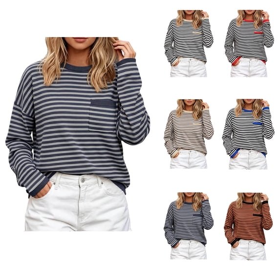 Qiggri Womens Oversized Striped Long Sleeve Shirts Casual Trendy Crew Neck Cotton Tops Drop Shoulder Loose Fit T Shirts Comfortable Fashion Y2K Clothes M