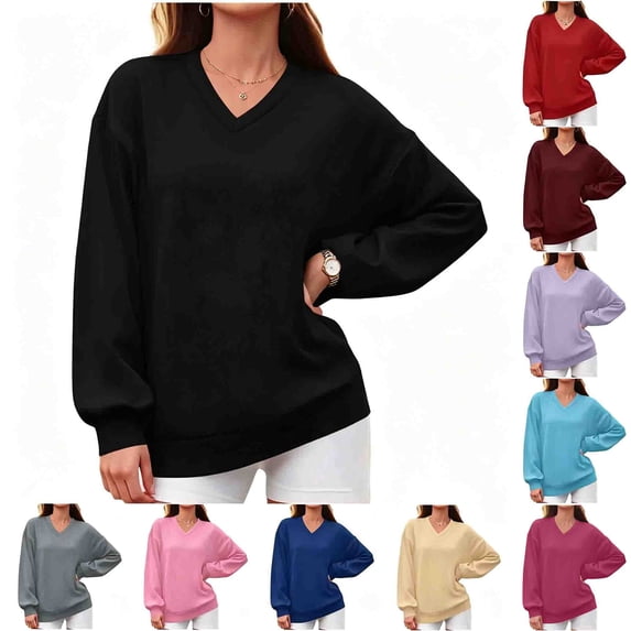 Qiggri Womens Oversized V-Neck Sweatshirt,Long Sleeve Fleece Pullover,Casual Loose Fit Solid Top for Daily Wear
