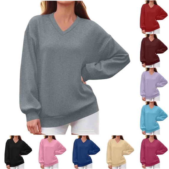 Qiggri Womens Oversized V-Neck Sweatshirt,Long Sleeve Fleece Pullover,Casual Loose Fit Solid Top for Daily Wear