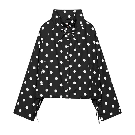 Qiggri Womens Polka Dot Jacket Drawstring Hem Button Front Cropped Lightweight Jacket Relaxed fit Coat with Pockets Summer Fall L