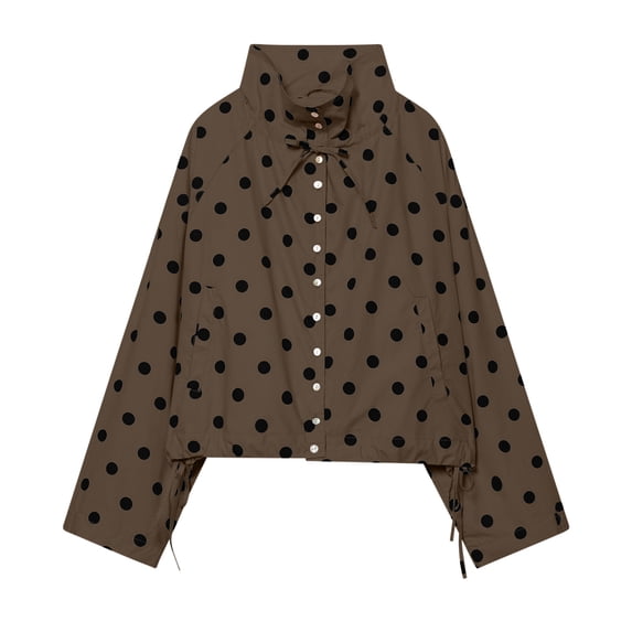 Qiggri Womens Polka Dot Jacket Drawstring Hem Button Front Cropped Lightweight Jacket Relaxed fit Coat with Pockets Summer Fall S