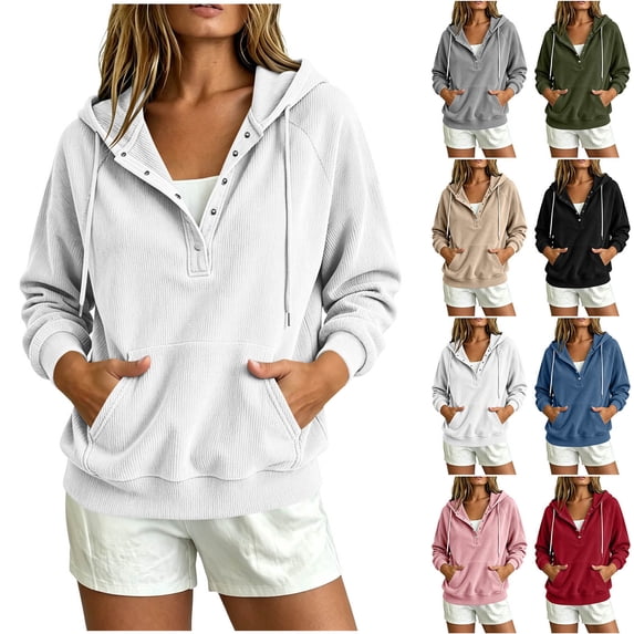 Qiggri Womens Ribbed Corduroy Hoodie,Soft Henley Neck Pullover with Kangaroo Pocket,Casual Sweatshirt for Daily Wear