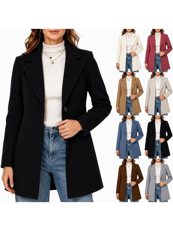 Womens Winter Overcoat Notched Lapel One Buttoned Mid-Length Coat Fully Lined Warmth Work Office Peacoat Long Dress Jacket Outerwear XXL