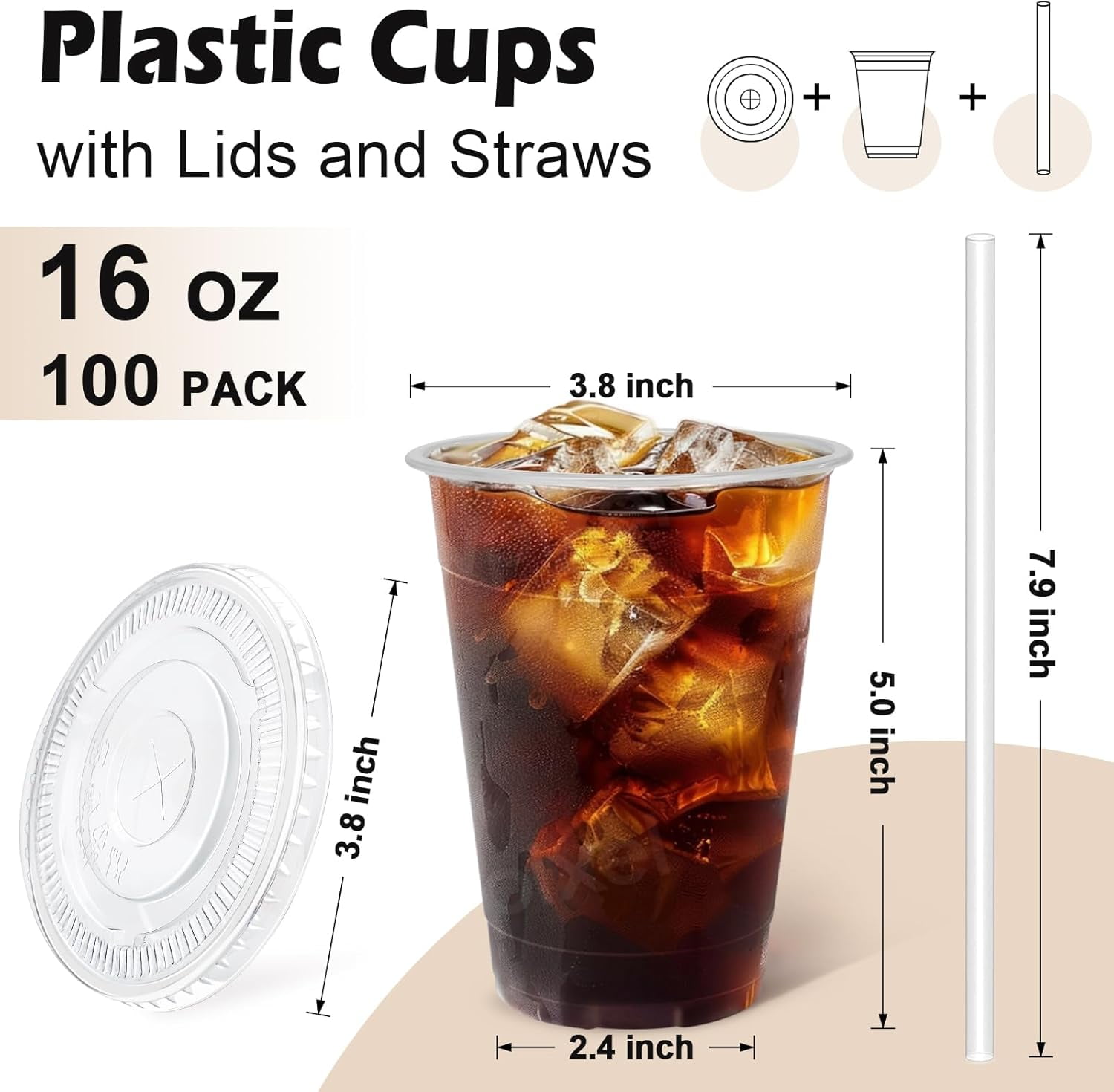 Qihe-100 Pack 16 oz Clear Plastic Cups with Lids and Straws, Disposable ...