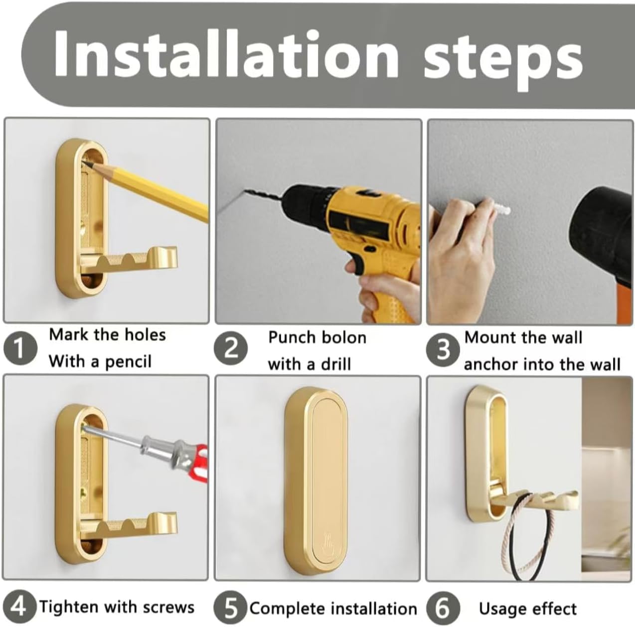 Qihe-2PC Foldable Wall Hooks - Gold Coat Hooks for Closet, Door ...