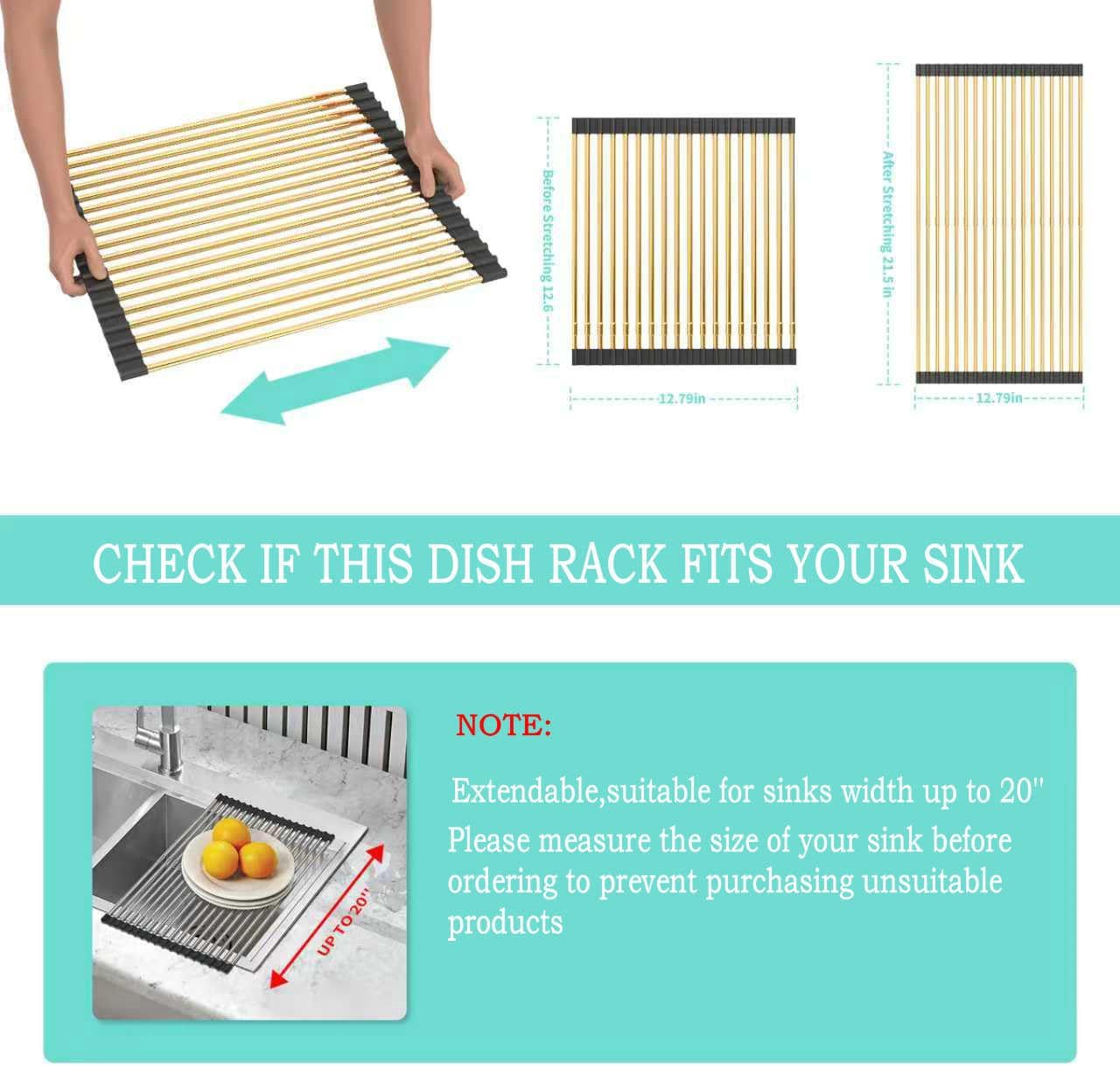Qihe-Large Telescopic Draining Rack, Gold Roll Up Heat-Resistant Dish ...