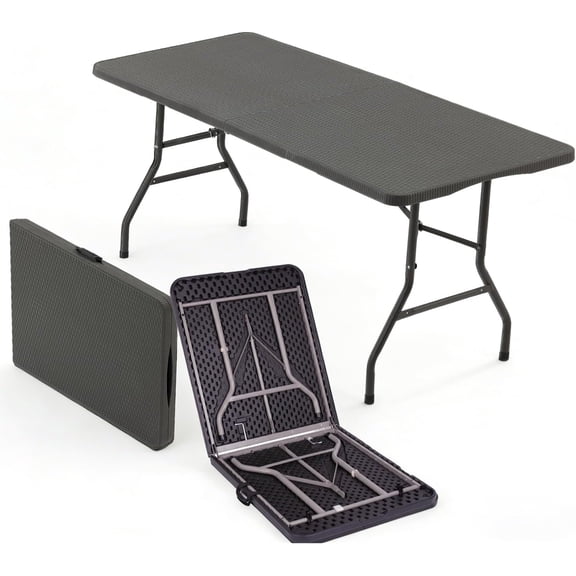Qihua 6 FT Fold in Half Folding Table Rattan Pattern HDPE Top with Carry Handle Brown for BBQ Backyard Dining Events