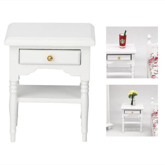 Qiilu 1:12 White Mini Bedroom Furnishing Articles Wooden Bedside Table Model,Bedside Table