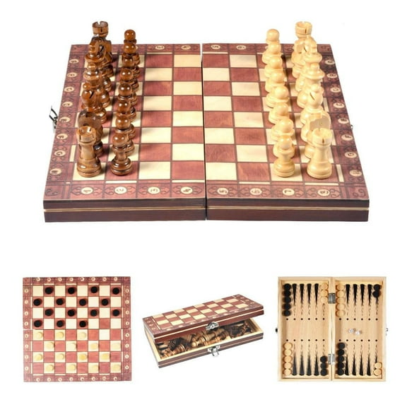 Qiilu 3 In 1 Magnetic Wooden International Chess Set with Folding Chessboard Game Gift,International Chess Set