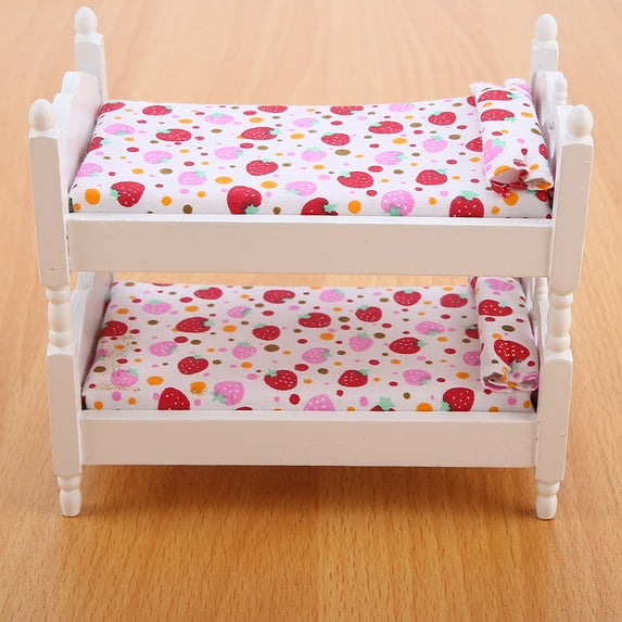 Qiilu Doll Furniture, Doll Bunk Bed, Mini Furniture for 1/12 Doll House, Pink Strawberry
