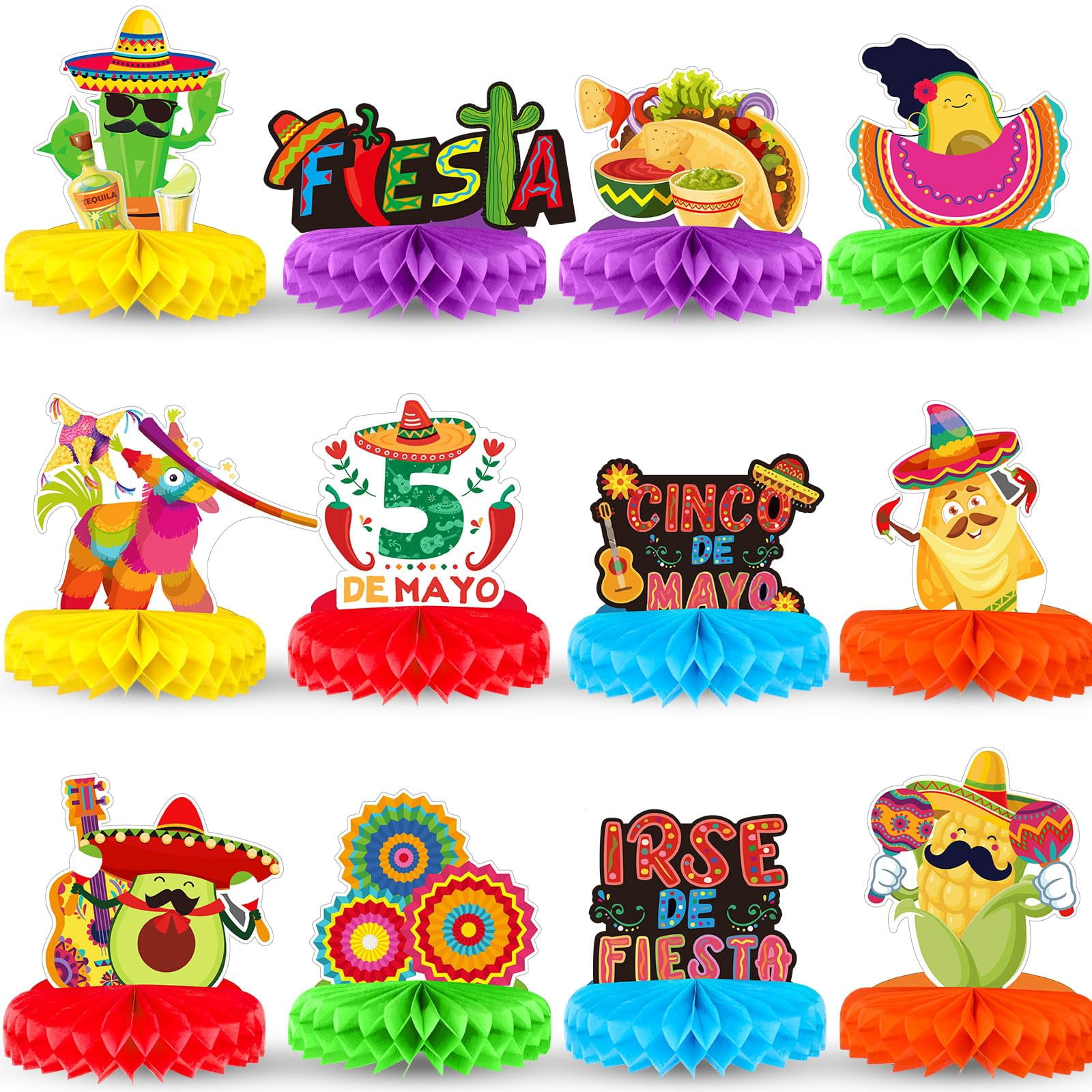 Cinco De Mayo Mini Honeycomb Paper Fans - 8 Pack Party Table Decorations For Taco Night & Fiesta Celebrations