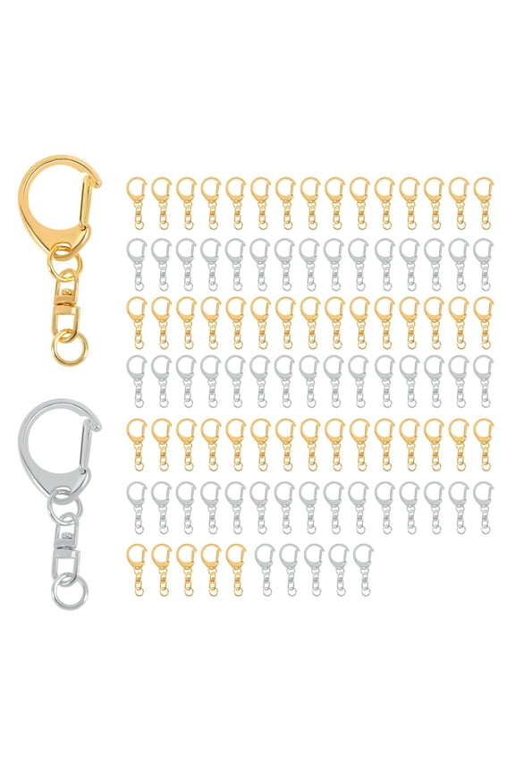 100 Piece D Hook Keychain Hardware with Jump Rings, Metal Split Key Ring Clips with Chain for Craft Charm Making DIY