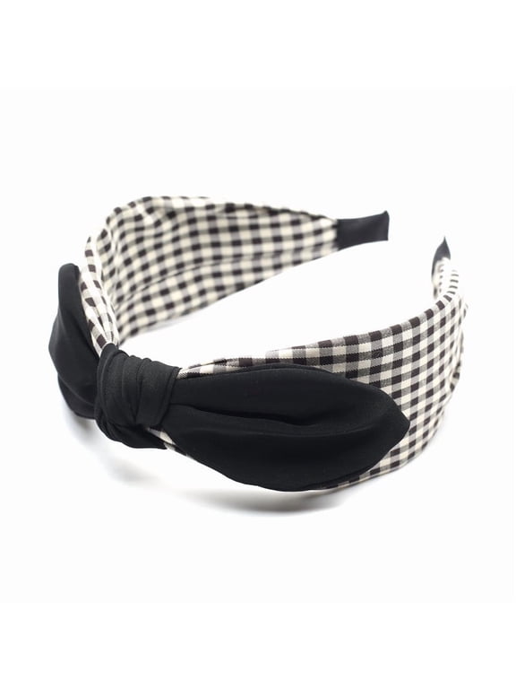 Plaid Knotted Bow Headband Women Wide Hairband Hair Accessory 1 Count, Black