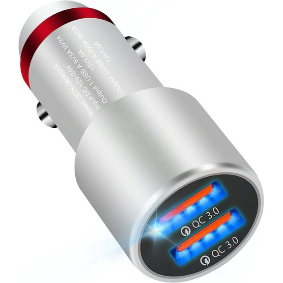 QinYing Fast 36W Metal Car Charger Adapter Dual Port USB Automobile Charger Compatible iPhone Sliver