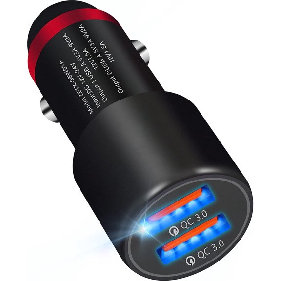 QinYing Fast Mini Car Charger,36W Metal Car Charger Adapter, Dual Port USB Automobile Chargers Compatible with iPhone 13 12 11 Pro Max 8 Plus 7 6s, Samsung Galaxy S21/10/9/8/7,iPad (Black-2QC3.0)