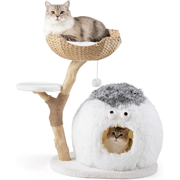 QinZhisheng E-commerce 30.7" Cute Cat Tree Tower for Indoor Cats, Fluffy Cat Condo with Seagrass Basket Bed, Furry Ball House, Sisal Scratching Posts & Stable Base, Beige