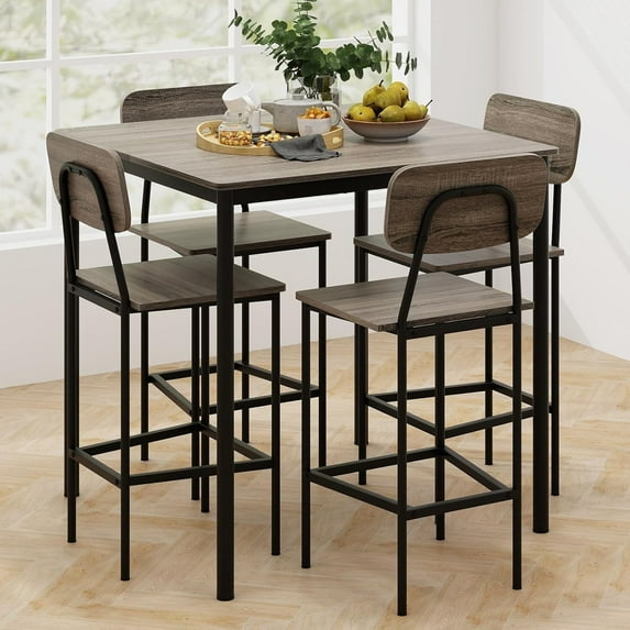 QinZhisheng E-commerce 5-Piece Counter Height Dining Table Set, Industrial Kitchen Table and Chairs for 4, Space-Saving Dinette Set with Bar Stools for Dining Room, Pub, Restaurant (Grey Oak)