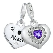 QINA C 925 Sterling Silver Aunt & Niece Love Heart Purple CZ Dangle Bead for European Charm Bracelets