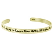 Qina C. The Future Belongs Gold-tone 316L stainless steel stamped medallion, approximately 65mm diameter x 6mm wide, engraved with an inspirational message.istband Bangle