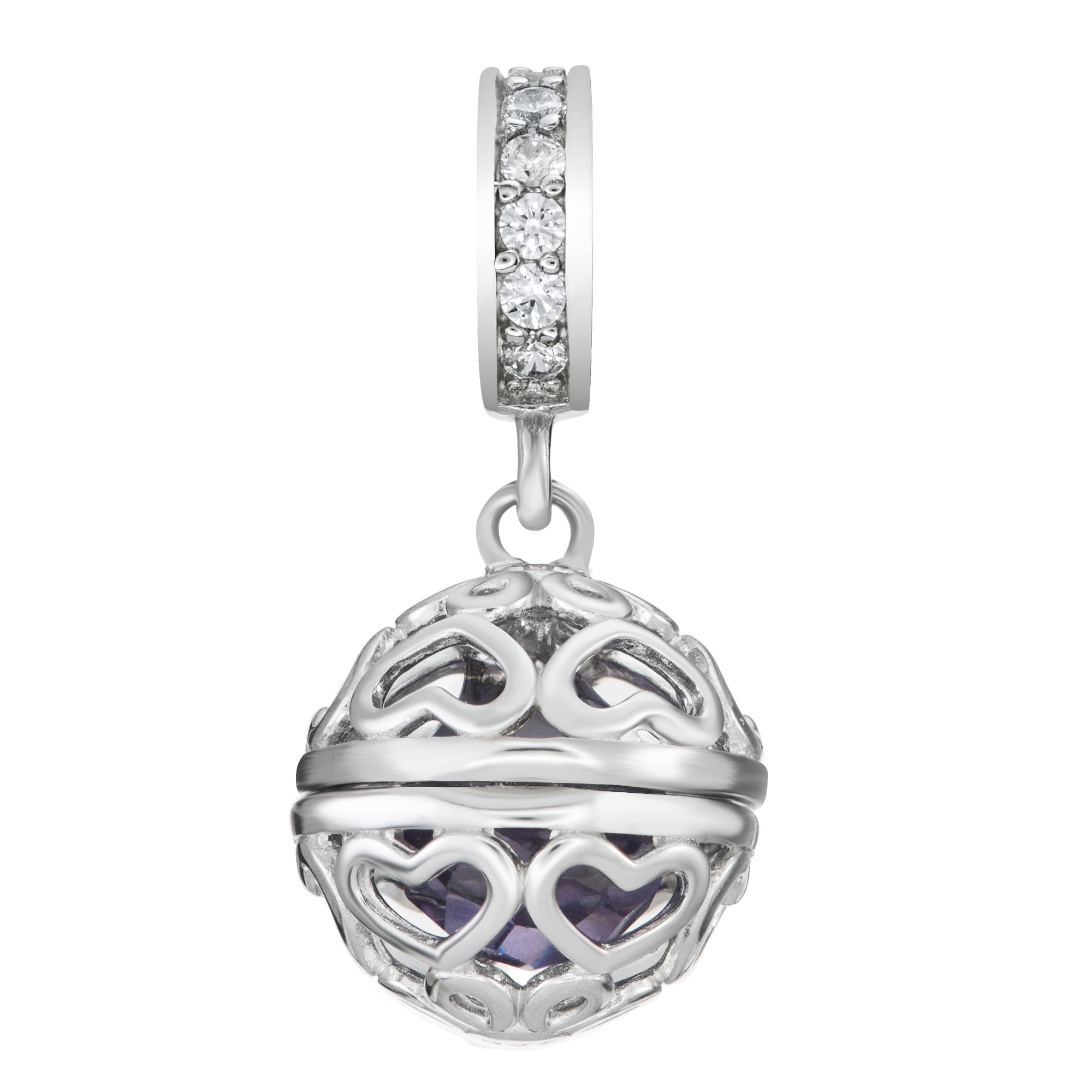 Qina C Rhodium on 925 Sterling Silver February Imitation Birthstone Purple Dangle Bead for European Charm Bracelets