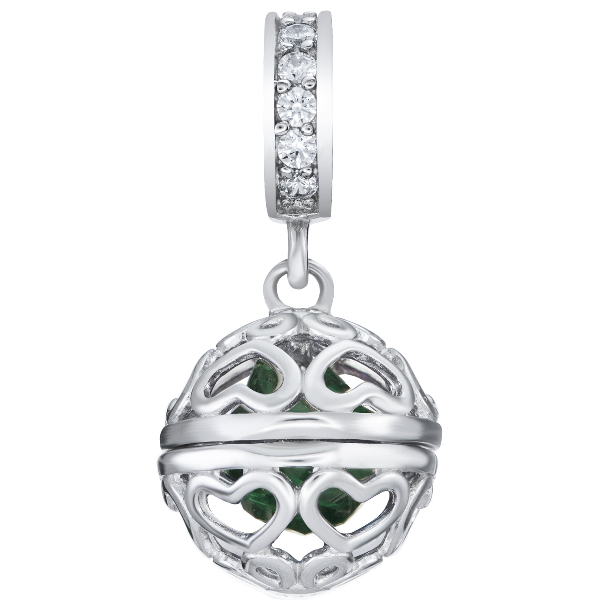 Qina C Rhodium on 925 Sterling Silver May Imitation Birthstone Green Spinel Dangle for European Charm Bracelets