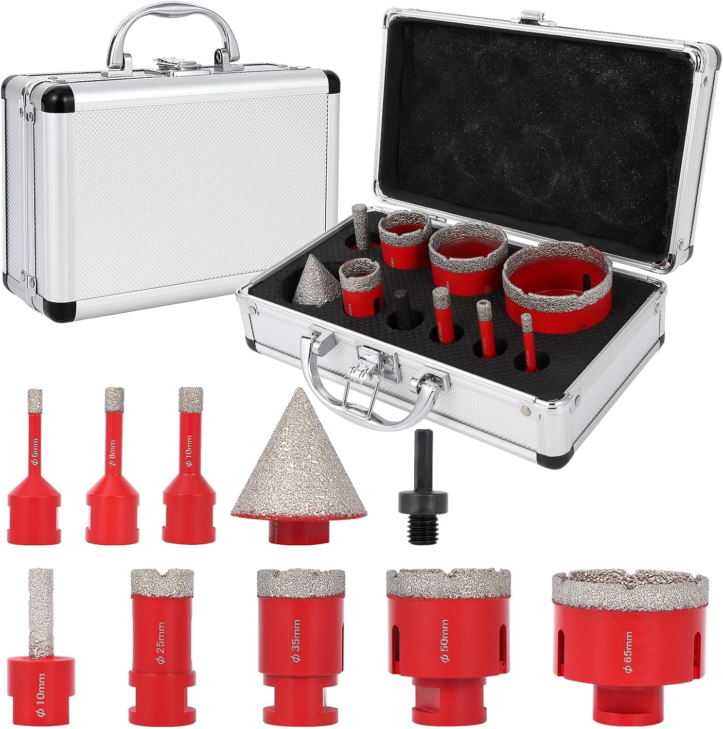 QinaQin 10Pcs Tile Hole Saw Kit,Diamond Hole Saw Kit with 6/8/10/25/35/50/65mm Tile Drill Bits for Ceramic,Tiles,Marble and More Drilling,Red