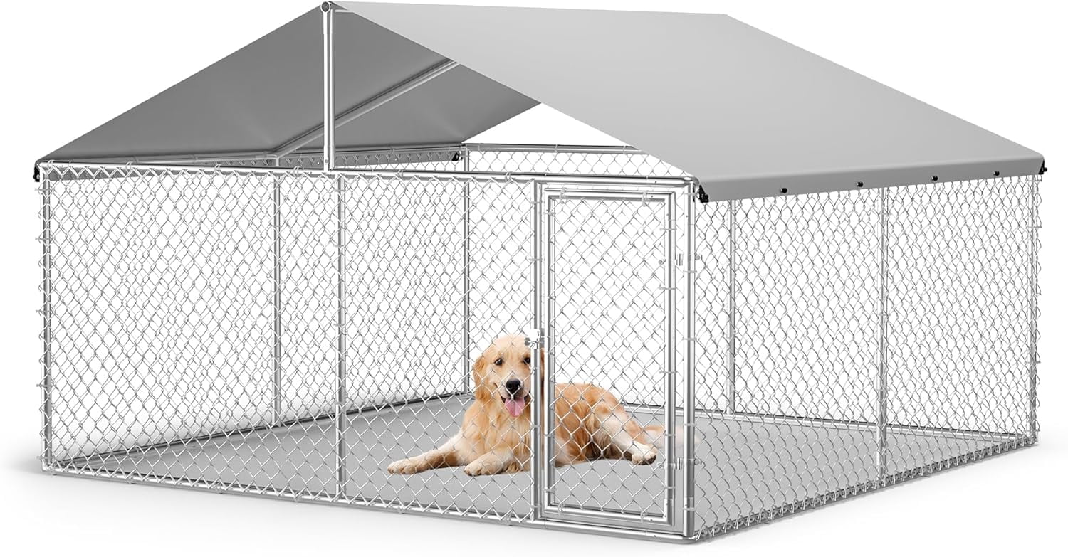 QinaQin 10x10x6Ft Large Outdoor Dog Kennel,Heavy Duty Dog Kennel with Waterproof Roof & Door Lock,Reinforced Galvanized Steel,Metal Large Dogs Cage for Backyard,Silver