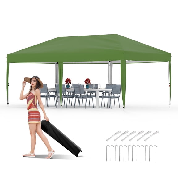 QinaQin 10x20FT Pop Up Canopy with One Push Setup,Heavy Duty Outdoor Canopy Tent,Waterproof Top,3 Adjustable Heights,Includes Roller Bag & Sandbags,No Sidewall,Green
