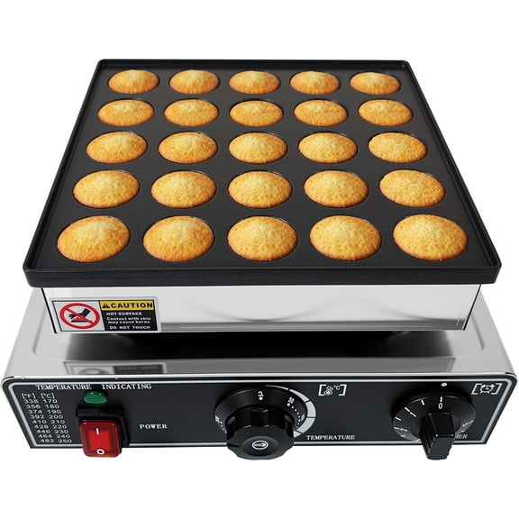 QinaQin 110V 25-Hole Mini Pancake Maker,Stainless Steel Non-Stick Electric Poffertjes Pan,Adjustable Temperature & Timer,900W for Home Party,Silver