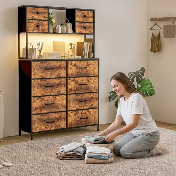 QinaQin 12-Drawer Dressing Table with Power Outlet and Open Shelves - Led Lighting, Wooden Tabletop, Metal Frame, Fabric Dressing Table, Suitable for Bedroom, Hallway, and Living Room
