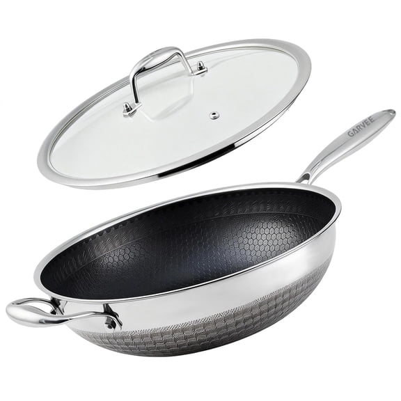 QinaQin 12-Inch Mixing Wok with Lid, Pfoa-Free, Non-Stick Stainless Steel, Dishwasher and Oven Cleanable, Induction Cooker Suitable