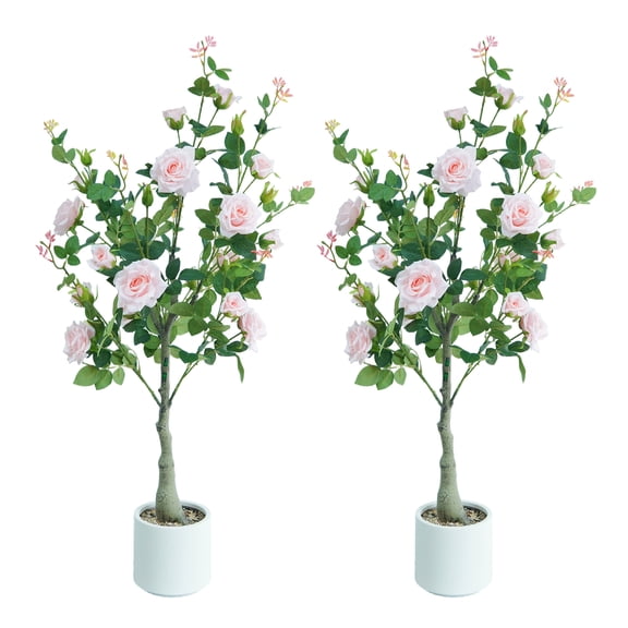 QinaQin 120 cm White artificial rose tree, in height, made of silk fabric and plastic, a realistic plant with a white flower pot, suitable for indoor decoration at the entrance of the living room