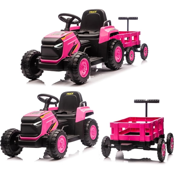 QinaQin 12V Ride on Tractor with Detachable Garden Cart,Electric Vehicle Remote Control with Trailer for Ages 3–8,Max Load 66 Lbs,Up to 2.5 Mph,Battery-Powered 8-Wheel,Pink
