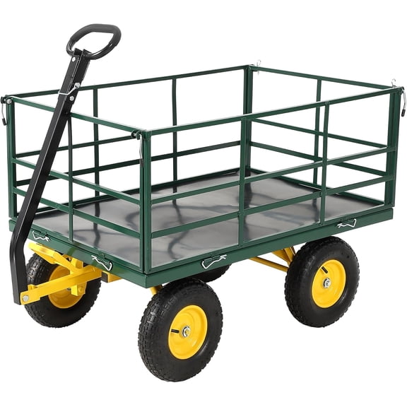 QinaQin 13-Inch Steel Garden Cart,Utility Wagon Trailer,All-Terrain Wheels,Removable Mesh Panels,Yard Dump Cart for Gardening,Dark Green
