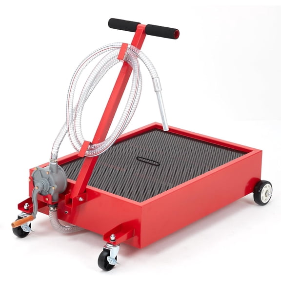 QinaQin 15 Gal Oil Drain Pan with 8FT Hose, Low Profile Oil Drain Cart for Trucks/RV/Buses,Red