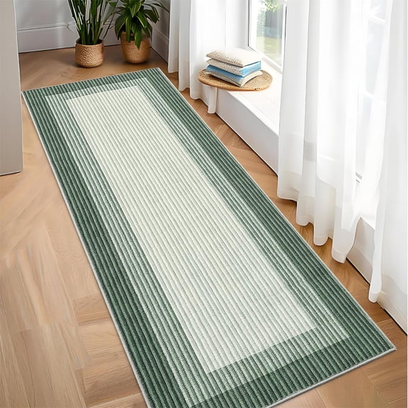 QinaQin 2×6 FT Border Area Rug Modern Contemporary Washable Non Slip Rug Stain Resistant Soft Low Pile Carpet for Office Home Decor,Green