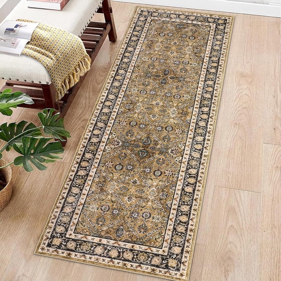 QinaQin 2×6 FT Machine Washable Rugs,Oriental Living Room Rug,Non-Slip Stain-Resistant Large Dining Room Rugs with Rubber Backing,Soft Non Shedding Non Skid,Yellow