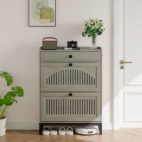 QinaQin 2 Flip Drawer Shoe Storage Cabinet,Shoes Organizer with with Top Drawer,Hollow Out Panel & Black Square Handles,Washed Grey