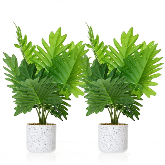QinaQin 2 Pack Philodendron Fake Plants, 17.7" Artificial Plants Indoor in Pot with Cement Moss Base, Faux Green Bonsai Trees