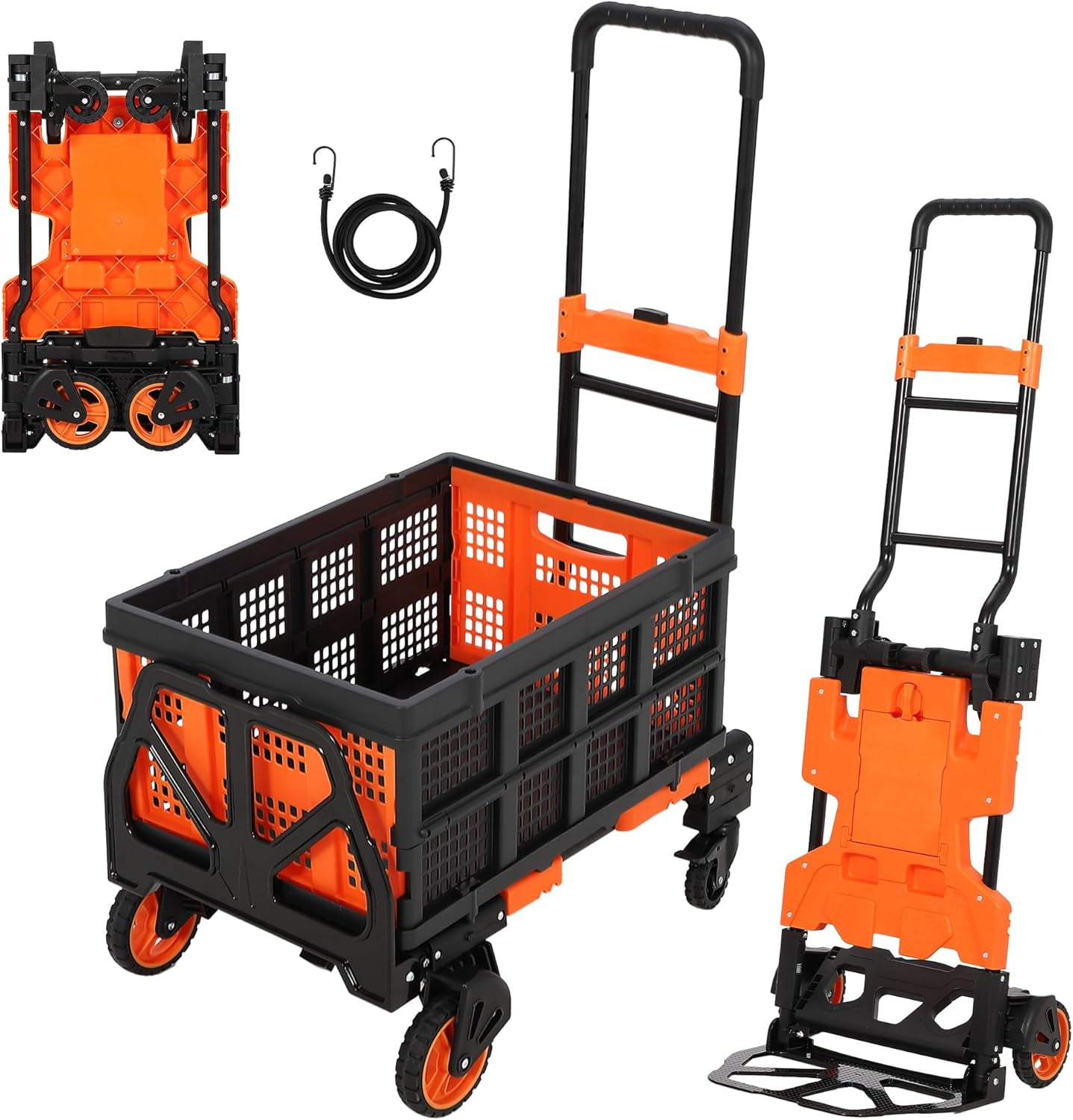 QinaQin 2-in-1 Folding Hand Truck Dolly Cart with Wheels,Heavy-Duty Capacity Foldable Grocery Cart on Wheels with Retractable Handle & 4 All-Terrain Wheels,Orange