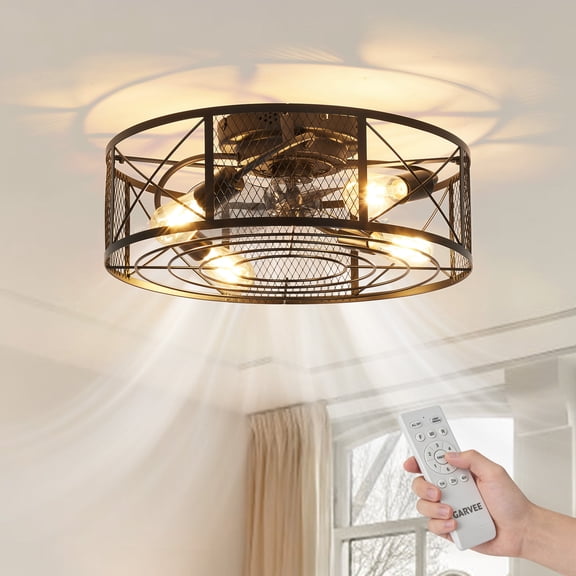QinaQin 20" Boho Caged Bladeless Ceiling Fan Light - Flush Mount, 6-Speed Quiet Reversible, Remote & Timer, Modern Farmhouse Indoor/Outdoor - Black, Flush Mount Version