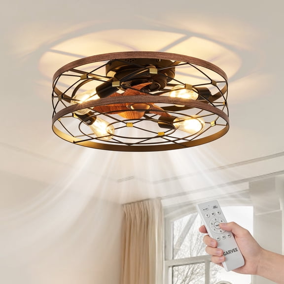 QinaQin 20″ Farmhouse Flush Mount Caged Ceiling Fan with Lights, 6-Speed Reversible, Remote Control with 1/2/4 Hour Timer, Rustic Low Profile Bladeless Ceiling Fan for Kitchen and Bedroom