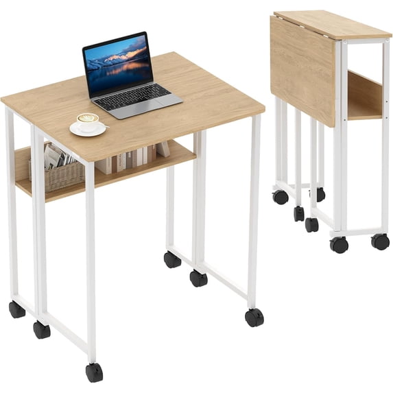 QinaQin 24.8 Inch Folding Desk with Storage Shelf,Iron Frame,on Wheels,Easy Assembly,Foldable Computer Table for Home Office,Wood