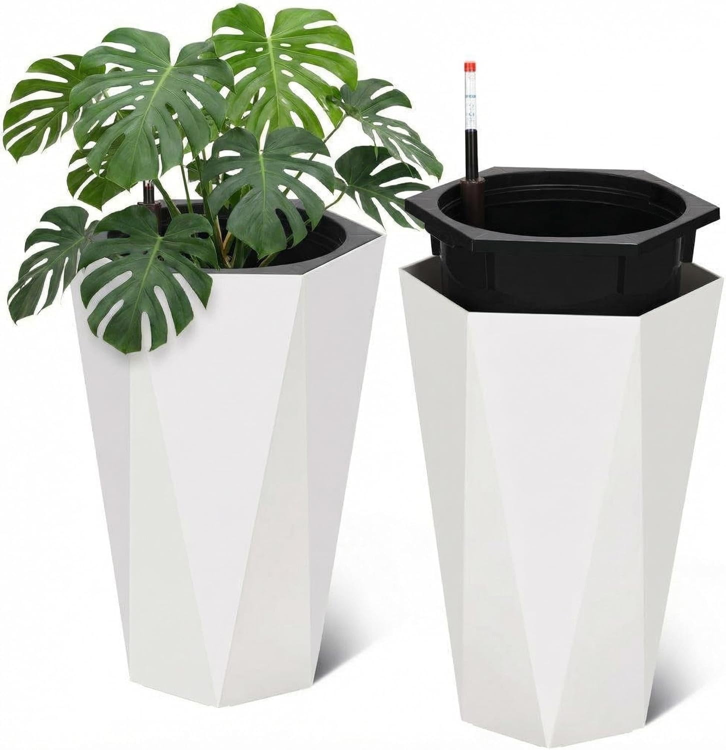 QinaQin 2PC 22.4Inch Self Watering Planters,Tall Diamond Plastic Flower Pots with Inner Bucket,Trays & Water Level Monitor,Indoor Outdoor Planters for Indoor Outdoor,White