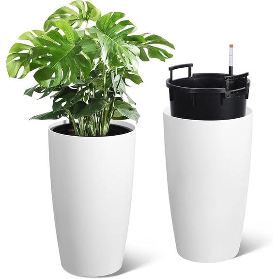 QinaQin 2PC 22Inch Tall Round Planter,Self Watering Pots with Built-In Drainage and a Water Level Monitor for Home Office,White