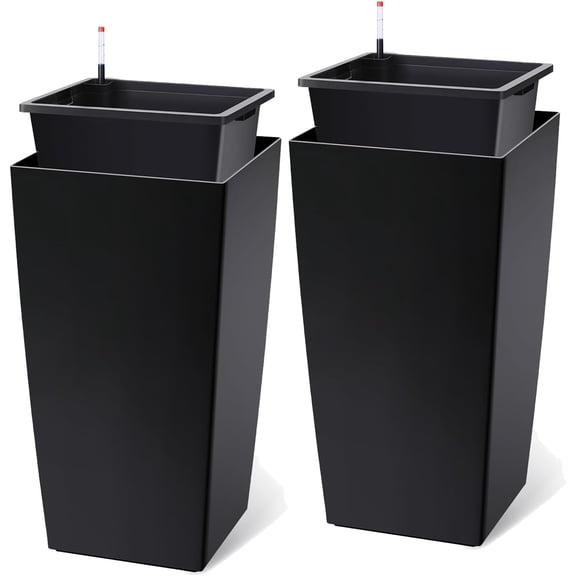 QinaQin 2PC 30 Inch Tall Self Watering Planters,Outdoor Plant Pots with Automatic Watering System,Water Level Monitor,Drainage,Wheels & Inner Bucket,for Front Porch,Black