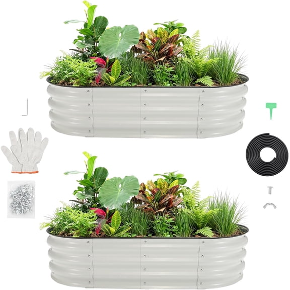 QinaQin 2PC 6X3x1Ft Galvanized Raised Garden Bed Kit,Metal Raised Garden Bed,Oval Planter Box with Open-Ended Base for Vegetables,Flowers,White