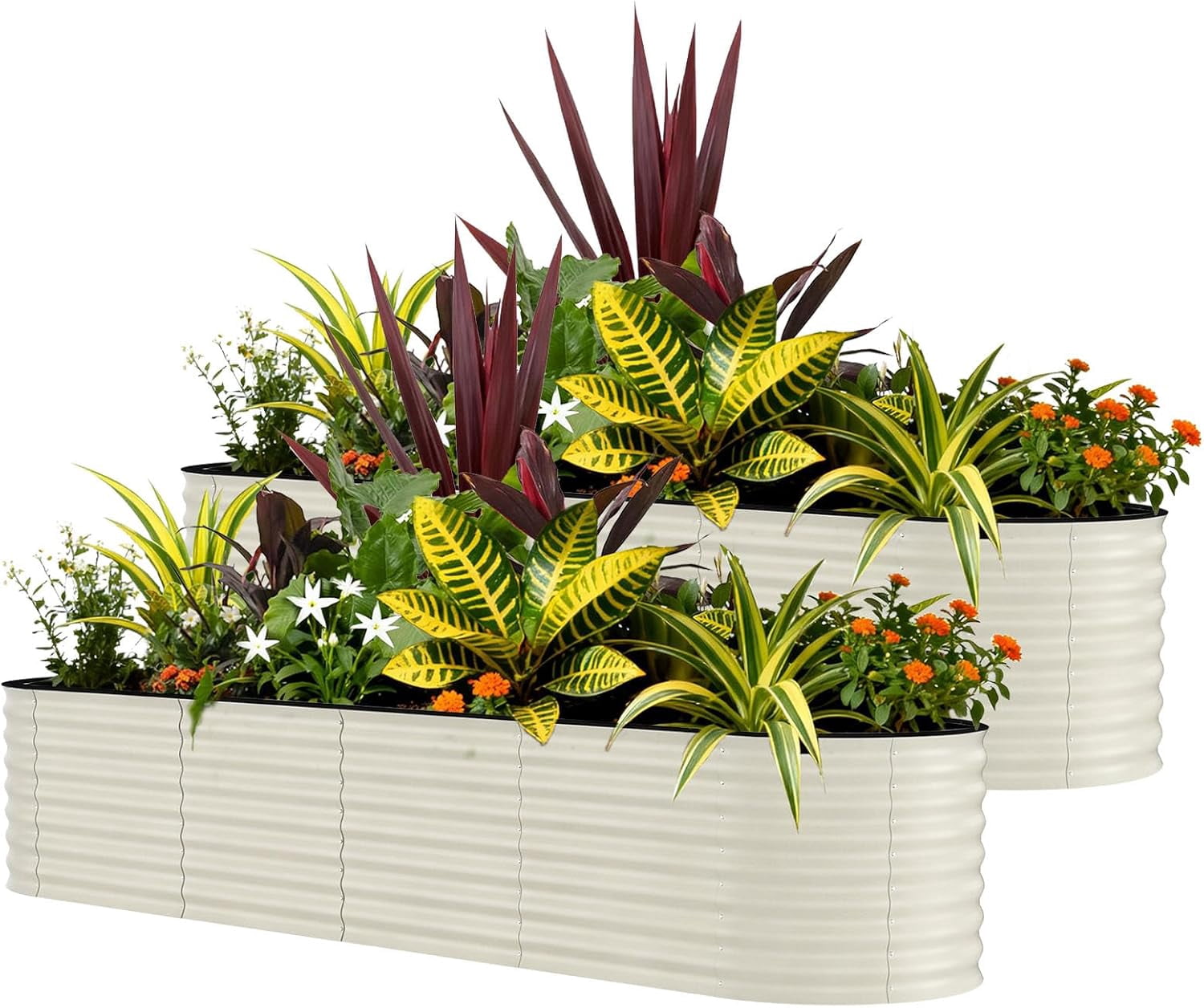 QinaQin 2PC 8x2x2ft Galvanized Steel Raised Garden Beds – Outdoor Oval Planter Boxes,Rust-Resistant,Durable,Easy Assembly for Vegetables & Flowers,Beige