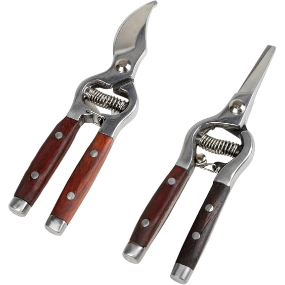 QinaQin 2PC Wood & Steel Handle Bypass Pruning Shears,Curved & Straight Garden Shears 8x20cm,Ultra Sharp Blades for Gardening,AS shown