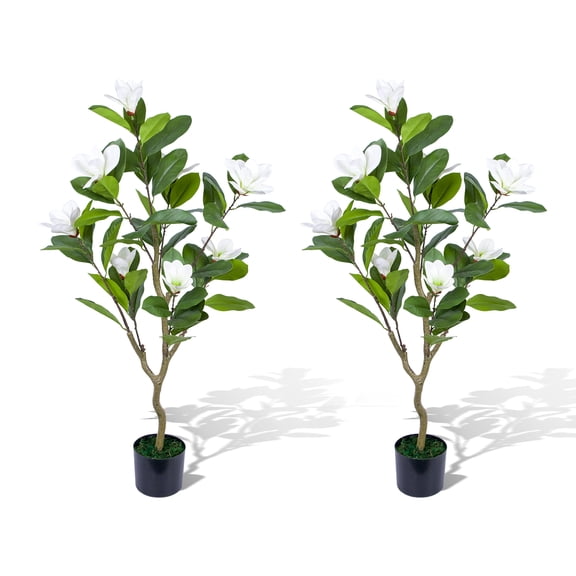 3.7FT Artificial Magnolia Tree, 2 Pack Faux Flower Plant in Pot with Realistic Leaves & Flowers, Potted Fake Floral Tree For Home Office Decor, White